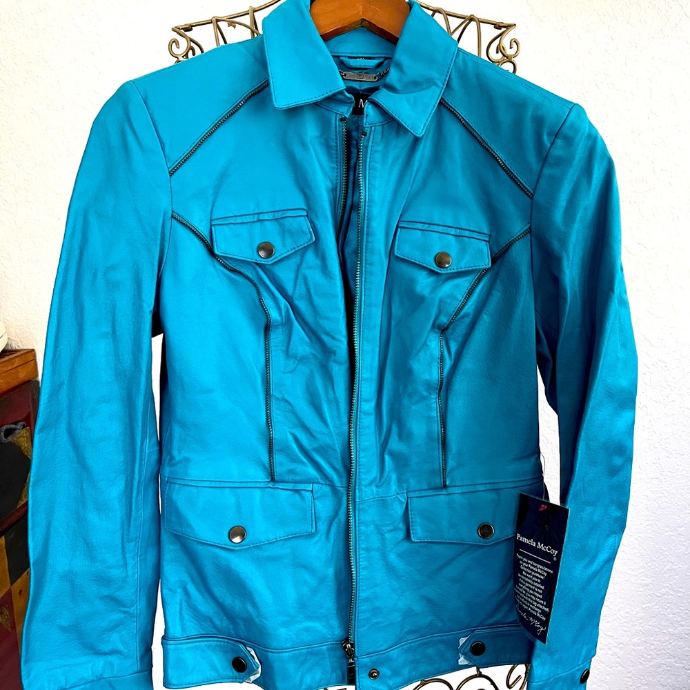 Pamela Mc Coy genuine leather women jacket. Size XS. New with tugs, turquoise